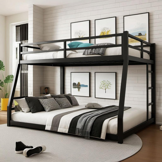 UOCFYK Full XL Over Queen Bunk Bed for Teens and Adults, Heavy-Duty Metal Bunk Bed Frame with Full Length Guardrail and Ladder, Noise Reduced & No Box Spring Needed, Black