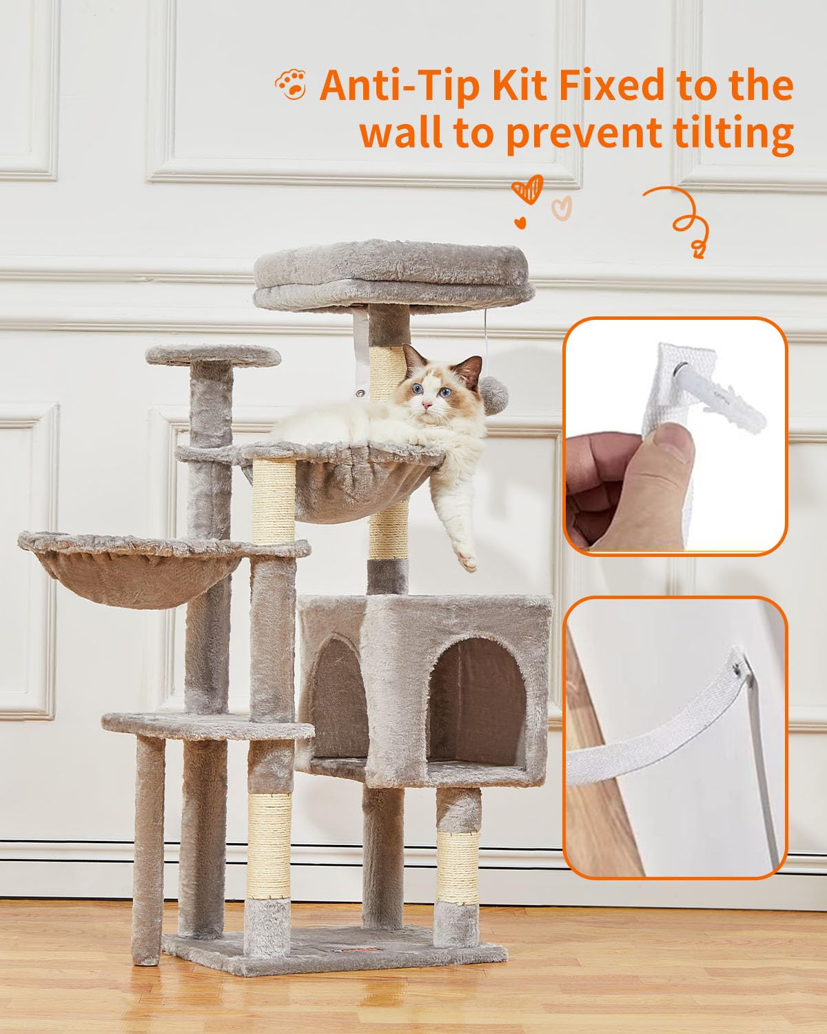 Taoqimiao Cat Tree, 39.4-Inch Cat Tower for Indoor Cats,Suitable for Kittens,Plush Cat Condo with 5 Scratching Posts, Plush Perch,2 Hammock,Pompoms, MS019W Light Gray Taoqimiao