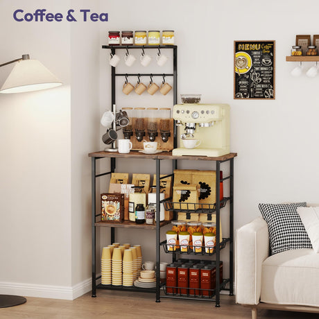 SWTYMIKI Bakers Rack with Storage - Coffee Bar Cabinet with Shelves, Coffee Station Organizer and Kitchen Stand with 8 Hooks, Baskets, Adjustable Feet for Kitchen Dining Room Pantry, Espresso SWTYMIKI