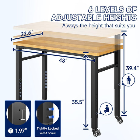 Yizosh 48" Adjustable Workbench, Portable Workbench with Wheels, Rubber Wood Top Workbench 2000 LBS Load Capacity, Heavy Duty Garage Workbench with Storage for Garage, Workshop,Office Yizosh