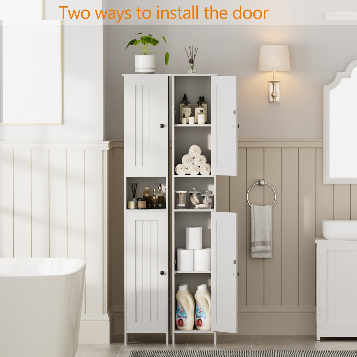Homleke Tall Bathroom Storage Cabinet with 2 Doors, 67"H Narrow Storage Cabinet with Adjustable Shelves& Anti-Tip Design, Reversible Door Installation, Easy Assembly, 11.8 x 11.8 x 66.9 Inches, White Homleke