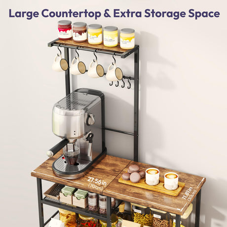 SWTYMIKI Bakers Rack with Storage - Coffee Bar Cabinet Organizer with 8 Hooks, Shelves & Cabinet Door, Coffee Station for Kitchen Dining Room, Microwave Stand with Adjustable Feet, Espresso SWTYMIKI