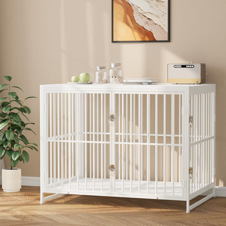 VOWNER 44 Inch Heavy Duty Dog Crate Furniture, Decorative Dog Kennel End Table, Wooden Pet House Indoor, Double Door with Double Locks, for Medium Large Dogs, 43.3" L X 28.7" W X 33" H, White VOWNER