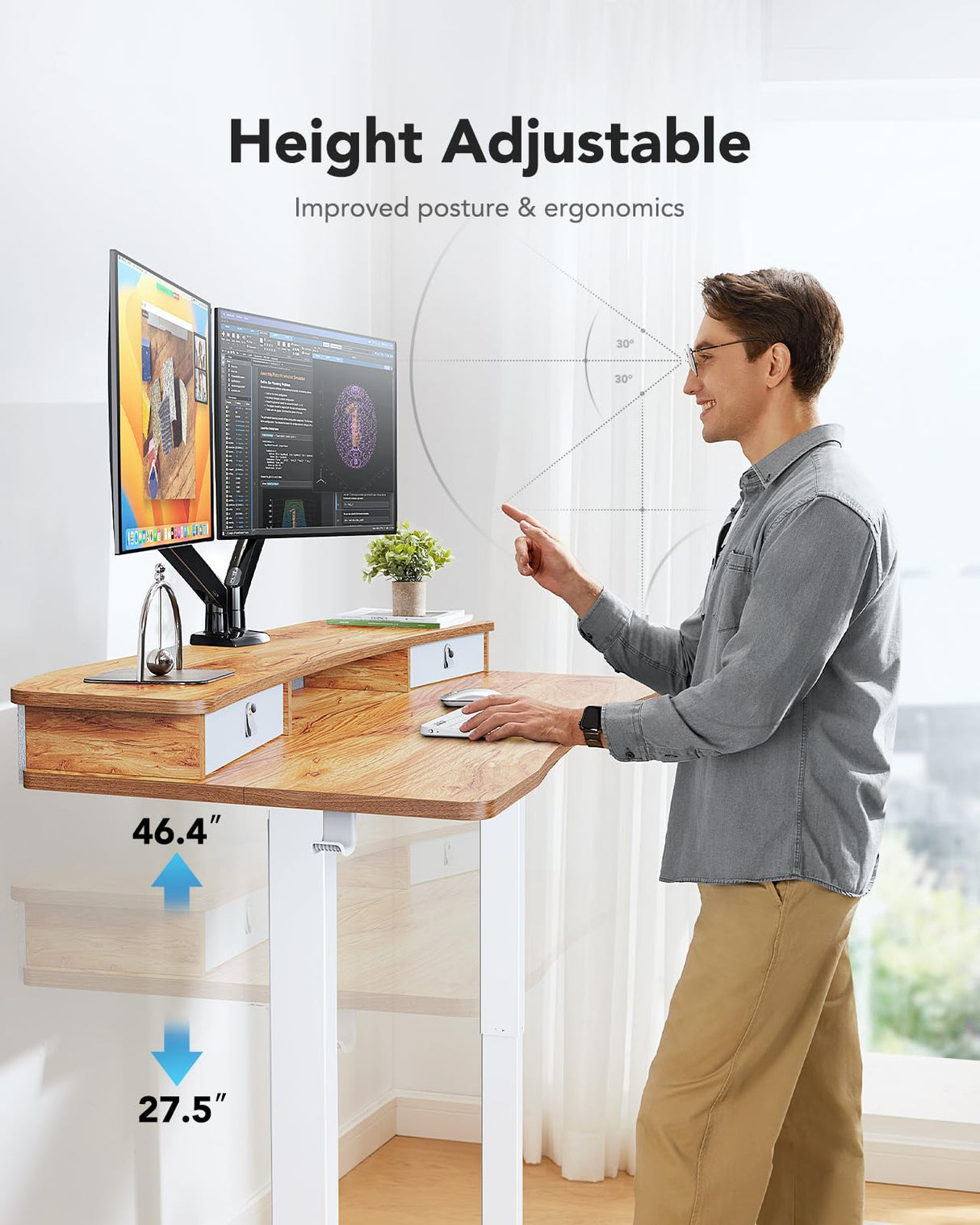 HUANUO 48″ x 24″ Electric Standing Desk with 2 Drawers, C-Clamp Mount Compatible, Height Adjustable Computer Desk, Home Office Stand Up Desk with 4 Preset Heights & 2 Hooks, Light Vintage HUANUO