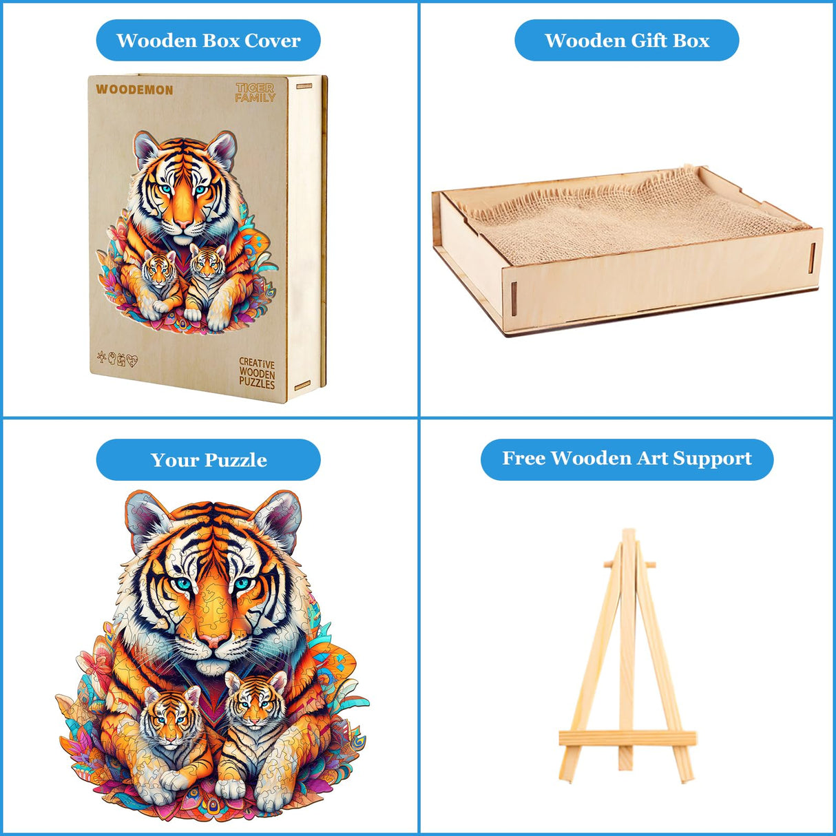 Woodemon Wooden Puzzles for Adults, Tiger Family (M-190pcs) Wooden Jigsaw Puzzles Kids, 11.2 * 11.8in Unique Shaped Animal Wood Puzzles Adults, Fathers Birthday Family Games Woodemon