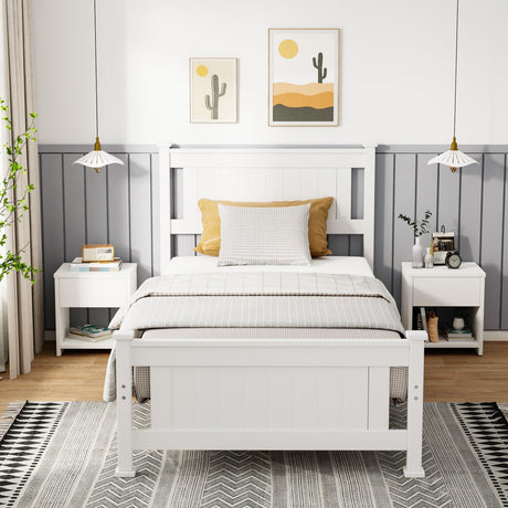 VINGLI Wood Twin Bed Frame with Headboard, Stylish Modern White Platform Single Panel Bed, No Box Spring Needed Wooden Slat Support Mattress Foundation VINGLI