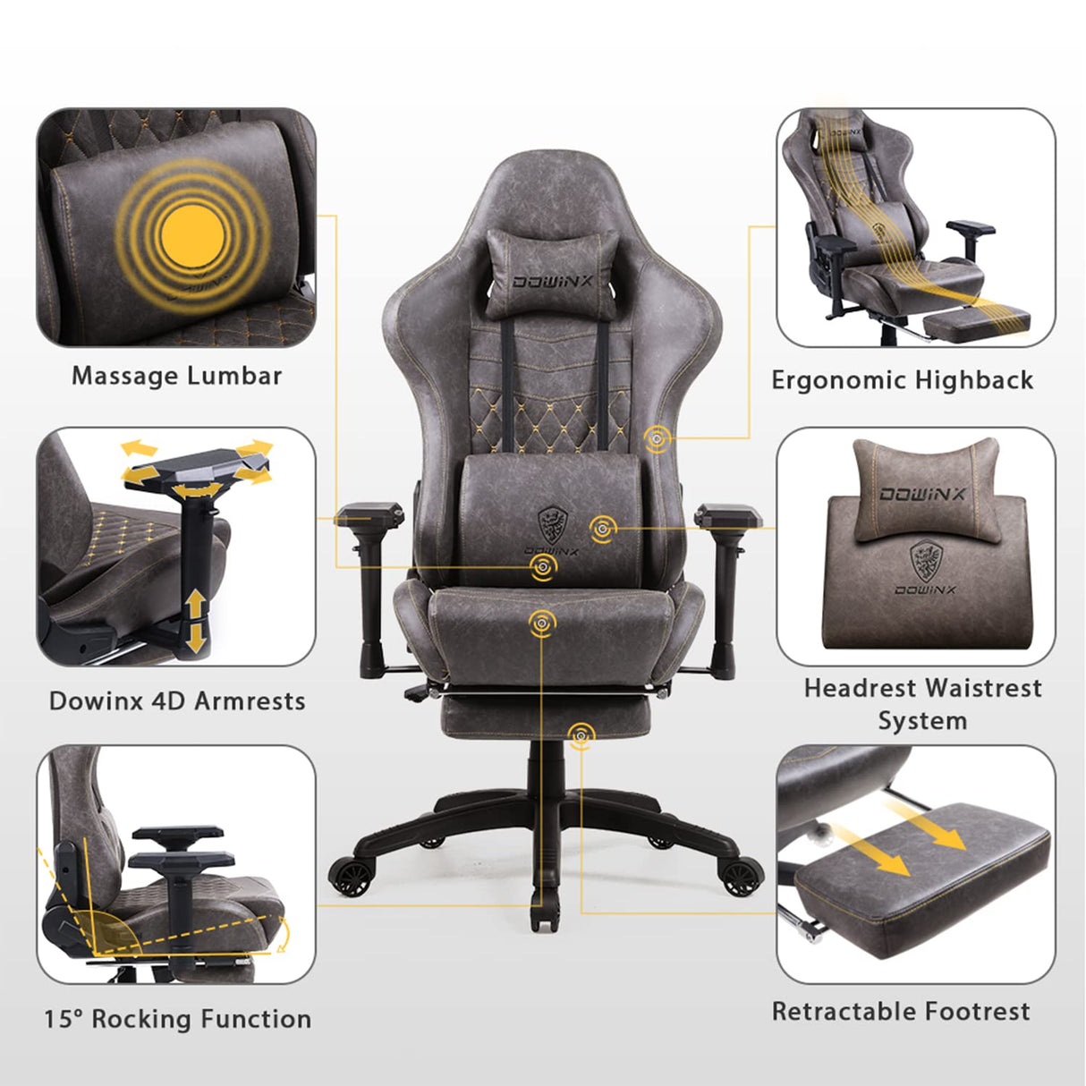 Dowinx Gaming Chair Ergonomic Racing Style Recliner with Massage Lumbar Support,4D armrest Gamer Chair for Computer PU Leather with Retractable Footrest (Brown) Dowinx