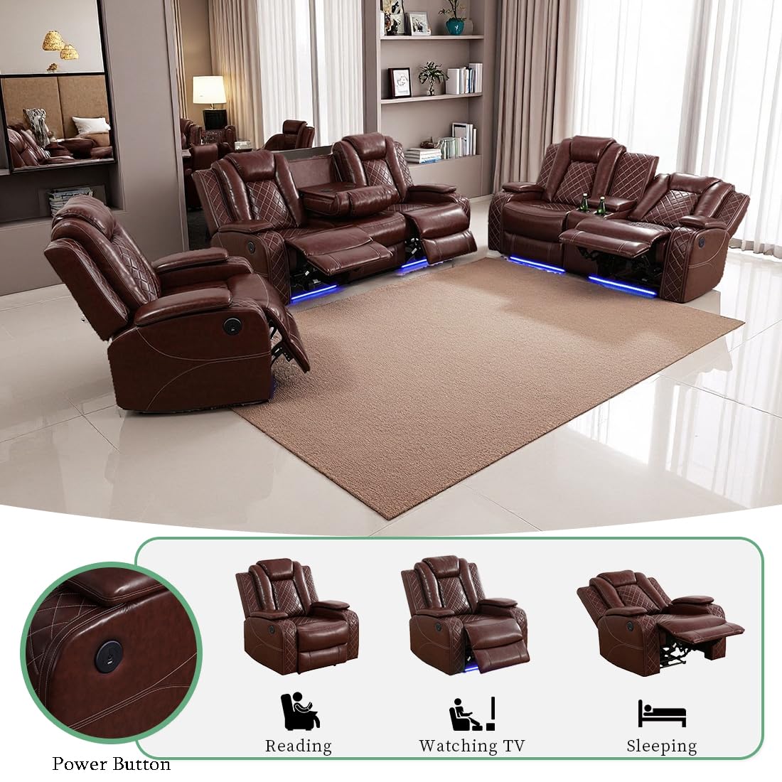 Dekmxas Living Room Set Brown Breathing Leather Sofa Living Room Furniture Set Power Recliner Manual Sofa,Loveseat and Chair with Cup Holders/Storage Console/LED Light for Living Room Dekmxas