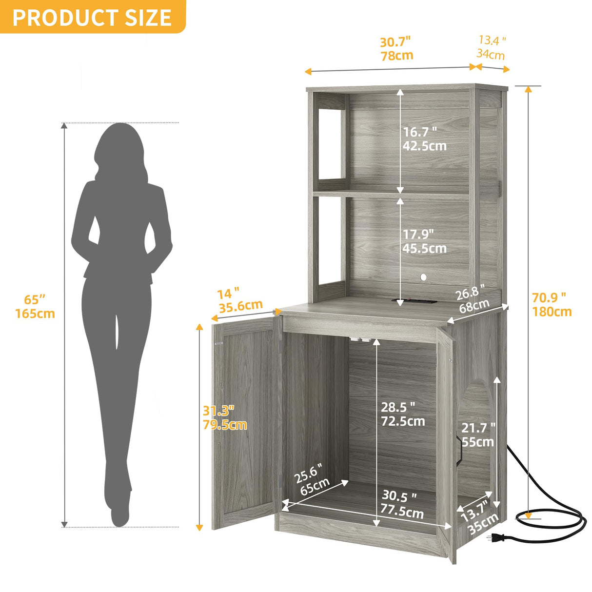 DWVO Large Hidden Litter Box Furniture with Shelves and Charging Station, Wooden Enclosure for Self-Cleaning Litter Boxes, Grey DWVO