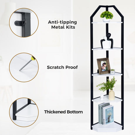 5-Tier Rustic White Corner Bookshelf - Multifunctional Storage and Display Stand Fun Memories
