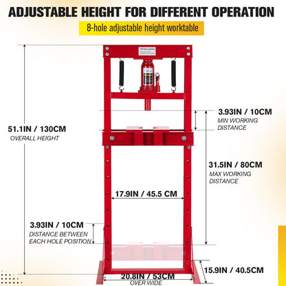 GarveeTech 12 Ton Hydraulic Press, H-Frame Garage Floor Hydraulic Shop Press, Garage Floor Press with 2 Press Plates, Adjustable Working Table Height, for Gears, Bearings, Red - WoodArtSupply