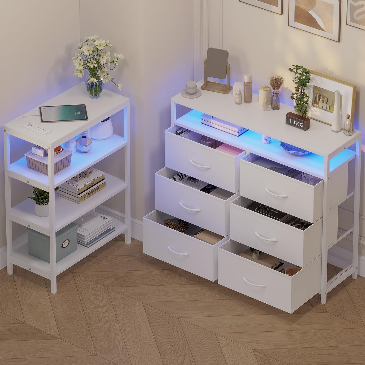 HAUOMS TV Stand with LED Lights for 60 Inch TV,Entertaiment Center with Charging Station,White L Shaped Corner TV Stand with Drawers & Shelves,6 PU Drawers,TV Stand Dresser for Bedroom HAUOMS