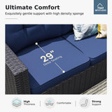 MFSTUDIO 4 Piece Wicker Patio Furniture Set, L Shaped Small Rattan Patio Sectional Sofa Couch Outdoor Conversation Sets with Navy Blue Cushions, Storage Box, Glass Coffee Table for Garden, Backyard MFSTUDIO