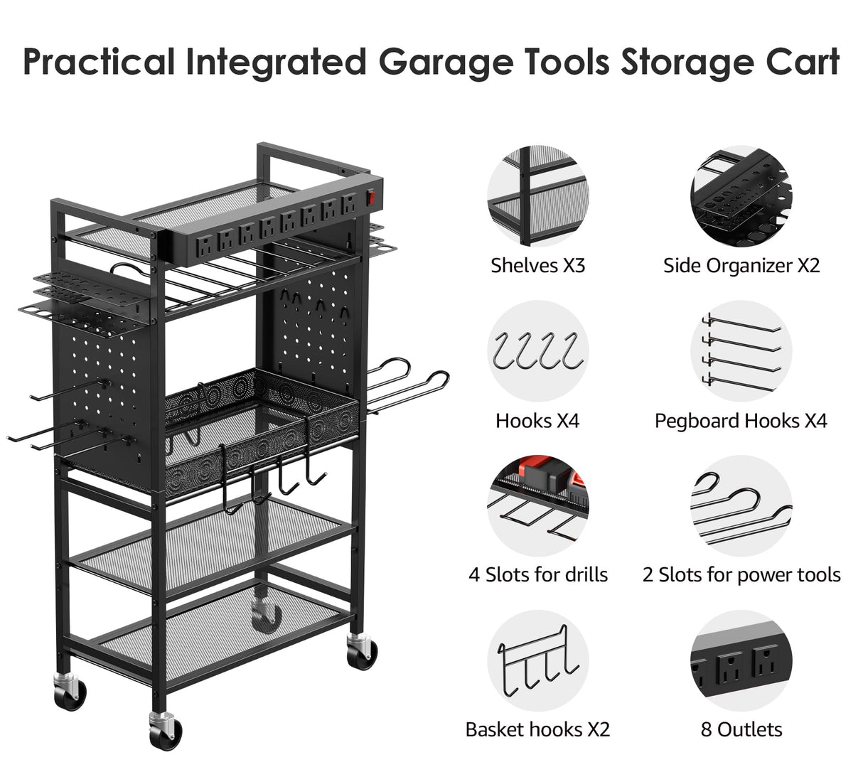 CCCEI Power Tool Organizer Cart with Charging Station, Garage Floor Rolling Storage Cart on Wheels for Mechanic, Mobile 6 Drill, Tool Box Utility Cart with Battery Charging Power Strip, Black CCCEI