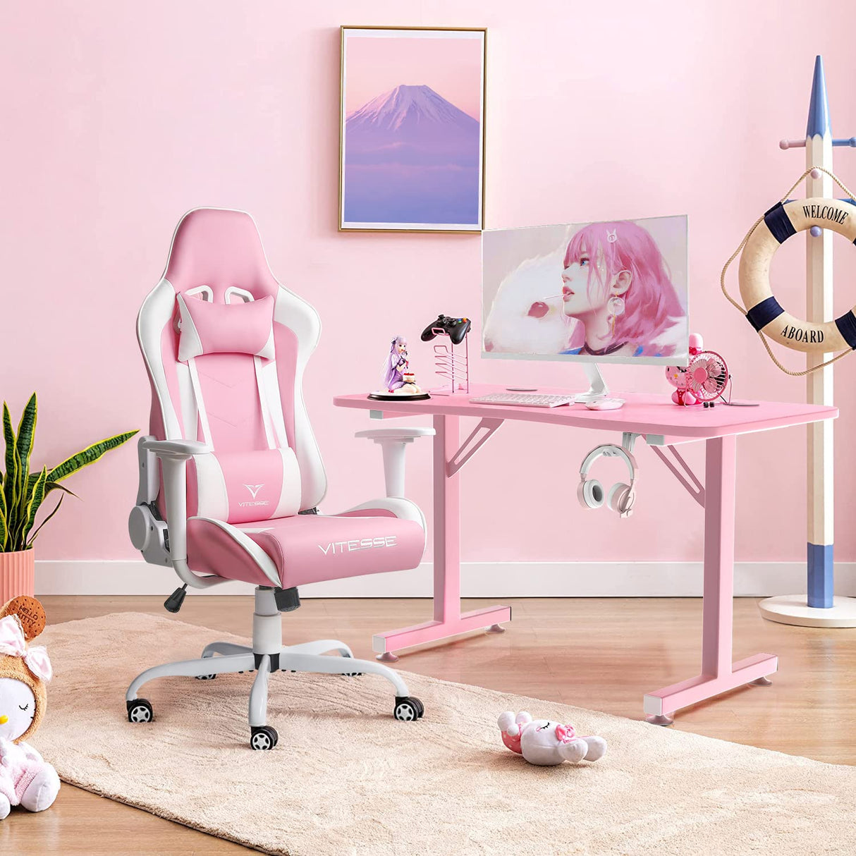 PUKAMI Pink Cute Kawaii Gaming Chair for Girl Ergonomic Desk Racing Office Adjustable High Back Game Swivel Leather Chair with Lumbar Support and Headrest WoodArtSupply