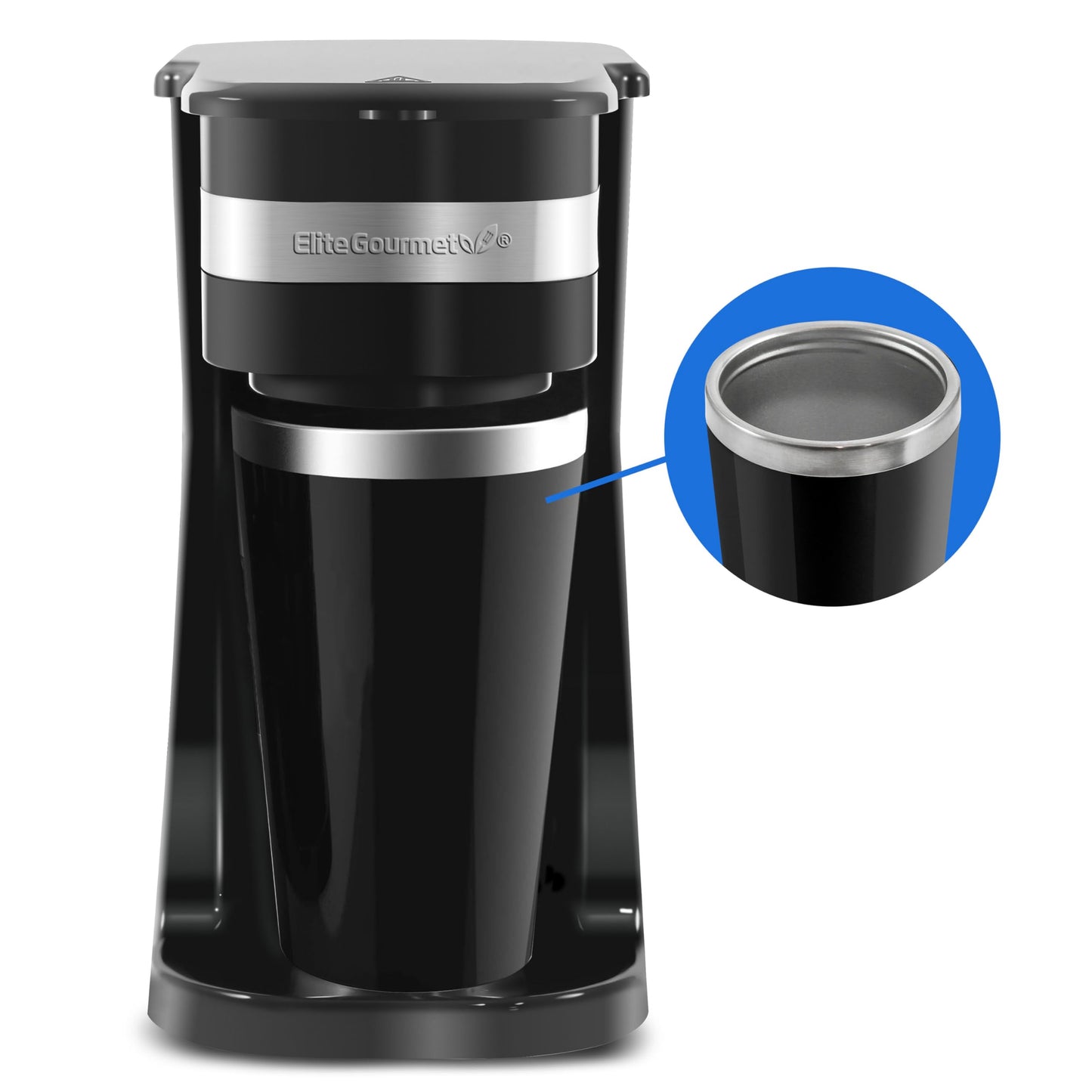 Elite Gourmet EHC111A Personal Single-Serve Compact Coffee Maker Brewer Includes 14Oz. Stainless Steel Interior Thermal Travel Mug, Compatible with Coffee Grounds, Reusable Filter, Black