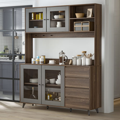 ECACAD Freestanding Kitchen Pantry Storage Cabinet with Glass Doors, Shelves & Drawers, Modern Sideboard Buffet Cabinet, Wood Kitchen Cupboard with Hutch and Hooks, Dark Brown ECACAD