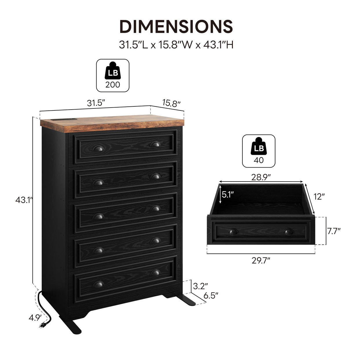 LIKIMIO 43" Tall 5 Drawers Dresser for Bedroom, Power Strip, Farmhouse Large Wood Dressers & Chest of Drawers with Wide Storage Cabinet, Black LIKIMIO