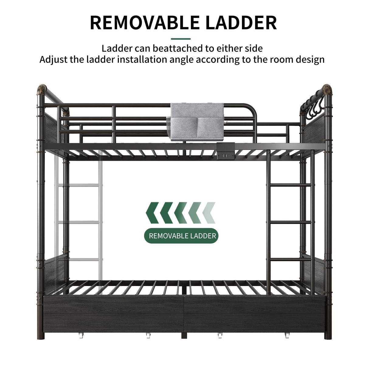 Jocoevol Metal LED Bunk Bed Twin Over Twin with 2 Storage Drawers, USB Charging Station, Industrial Bunkbeds Heavy Duty Bed with Safety Guardrail and Ladder, No Box Spring Needed, Black Jocoevol