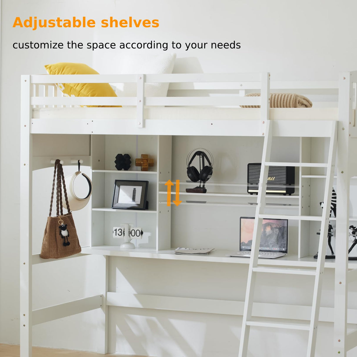 VINGLI Space-Saving Twin Loft Bed with Desk & Bookshelf for Kids and Teens VINGLI