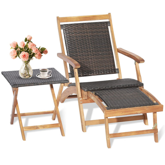 HAPPYGRILL Lounge Chair Table Set Outdoor Acacia Wood Lounge Chair with Wicker Side Table Folding Chaise Lounge with Retractable Ottoman for Garden Balcony Poolside