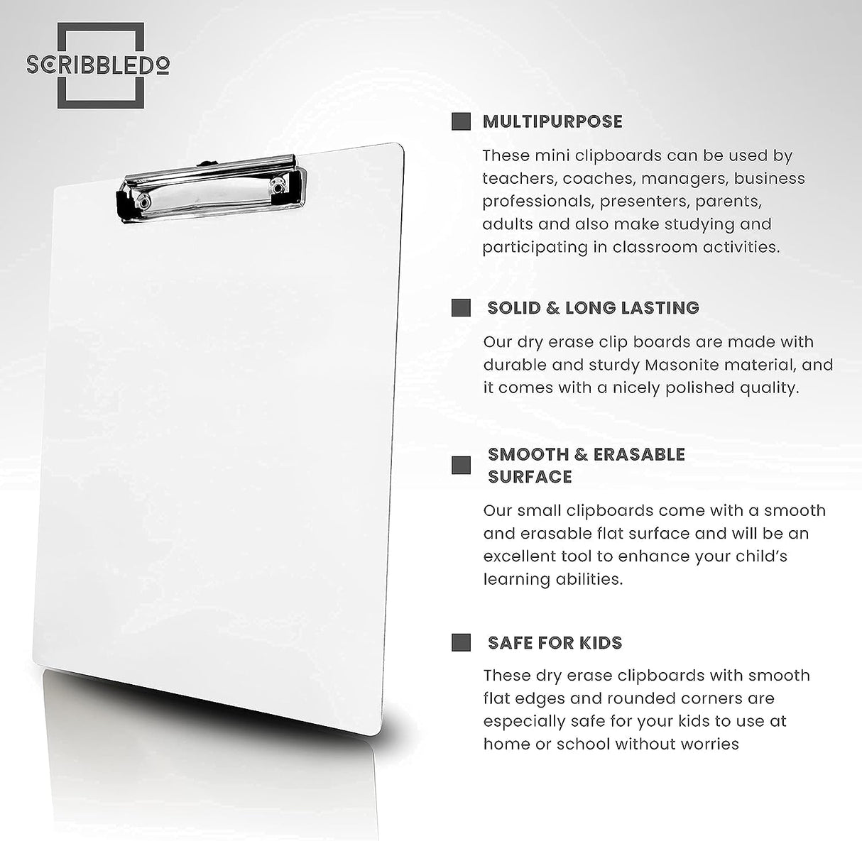 SCRIBBLEDO Dry Erase Clipboard Durable Double-Sided 9"x12" White Board Clipboard with Low Profile Clip White Clipboard for School Teacher Classroom Office Warehouse and Home Use Scribbledo