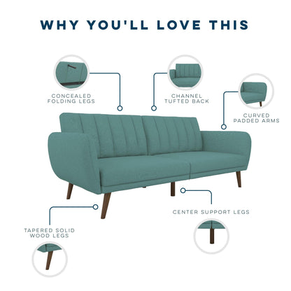 Novogratz Brittany 82 Inch Futon Sofa Bed, Upholstered Couch Sleeper with Tufted Back, Mid-Century Modern, Teal