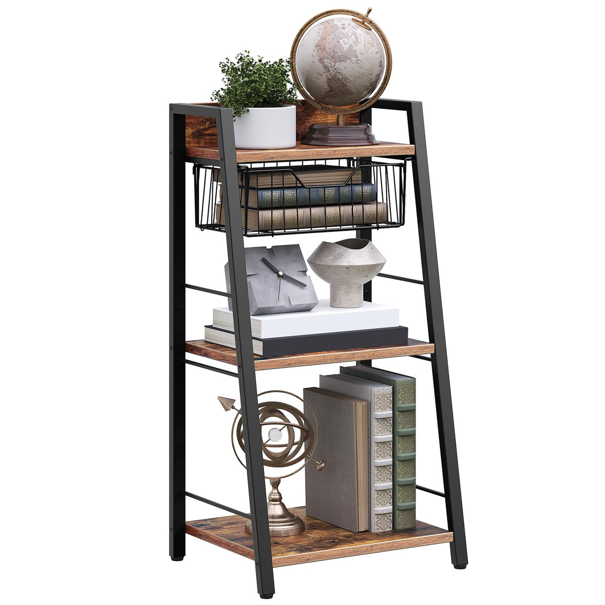 HOOBRO 3-Tier Ladder Shelf, Floor Standing Bookshelf, Storage Shelf with Drawer, Bookcase, Corner Bookshelf, Space Saver, for Bathroom, Living Room, Study, Office, Rustic Brown and Black BF09CJ01 HOOBRO