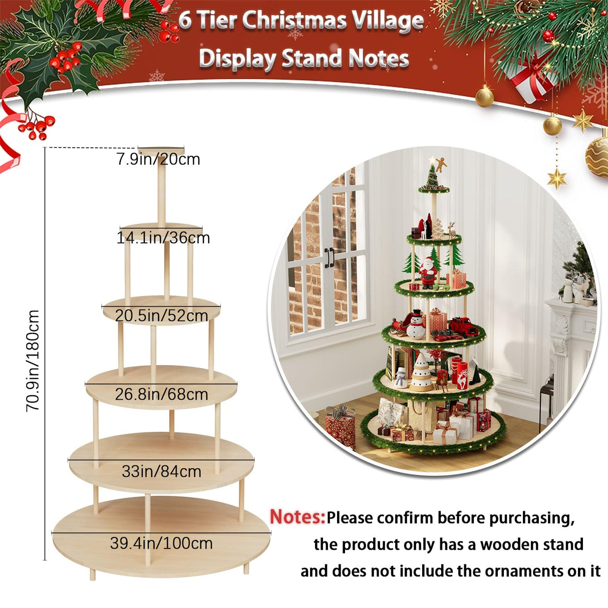 Annzoe 6-Tier 72-Inch Christmas Village Display Stand - Wooden Tree-Style Bookshelf for Holiday Ornaments, Easy Assembly No-Tools-Needed Holder Annzoe