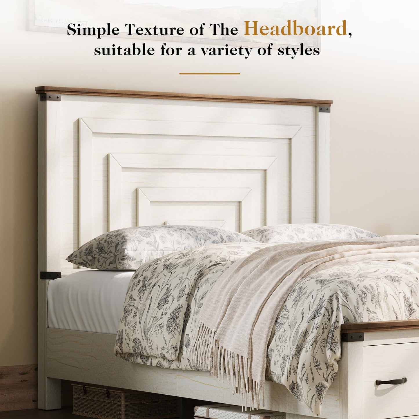 YUMPIE Farmhouse Full Size Bed Frame, 54 inch Tall Headboard with Wood Bed，Storage Platform Bed with 2 Large Storage Drawers, No Box Spring Needed, White