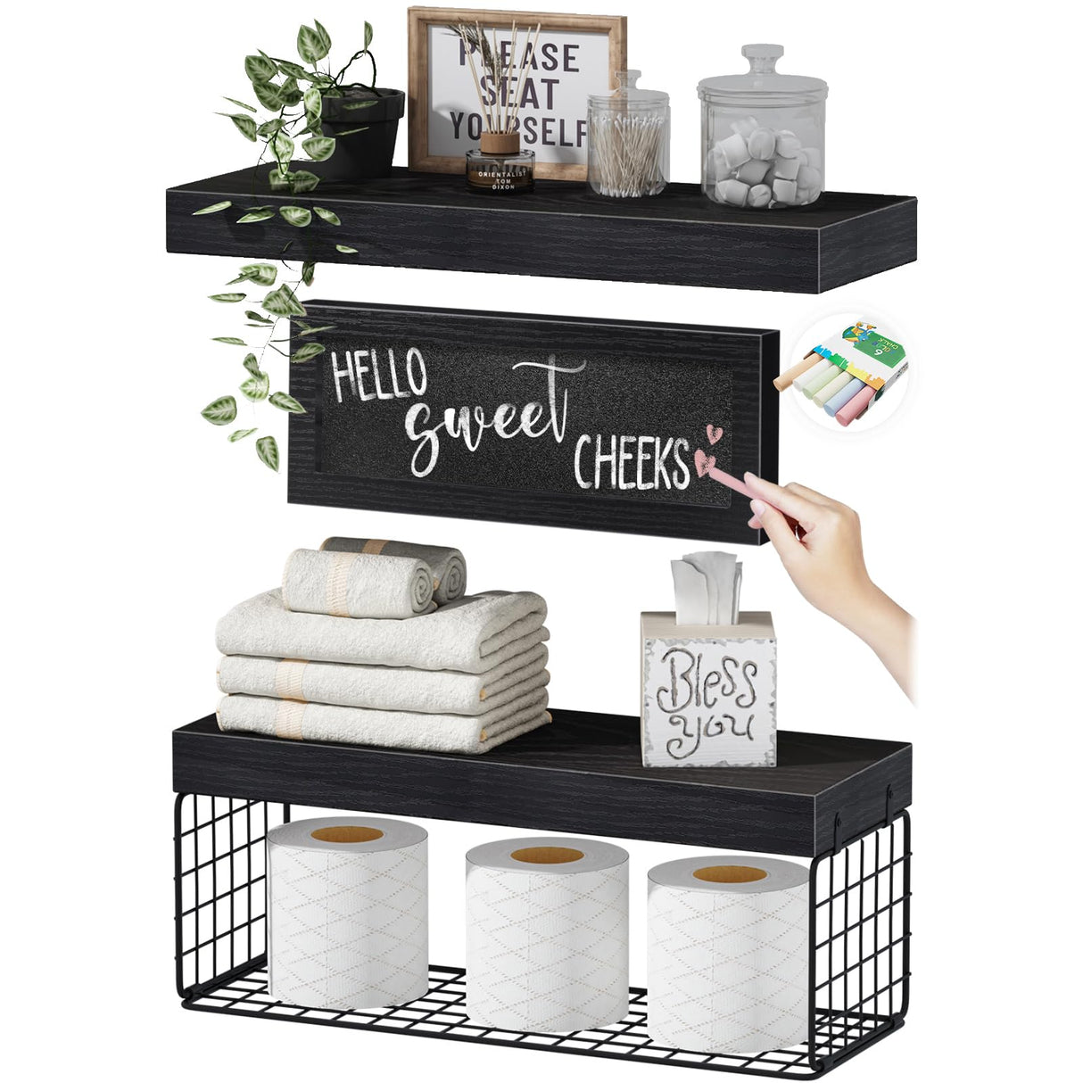 QEEIG Bathroom Shelves Over Toilet - Paper Storage Wall Mounted Farmhouse Decor Decorations Chalkboard Small Floating Shelf 2+1 Set 16 inch, Black (021B) QEEIG