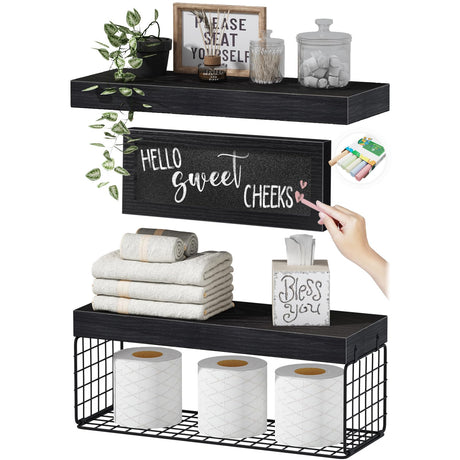 QEEIG Bathroom Shelves Over Toilet - Paper Storage Wall Mounted Farmhouse Decor Decorations Chalkboard Small Floating Shelf 2+1 Set 16 inch, Black (021B) QEEIG