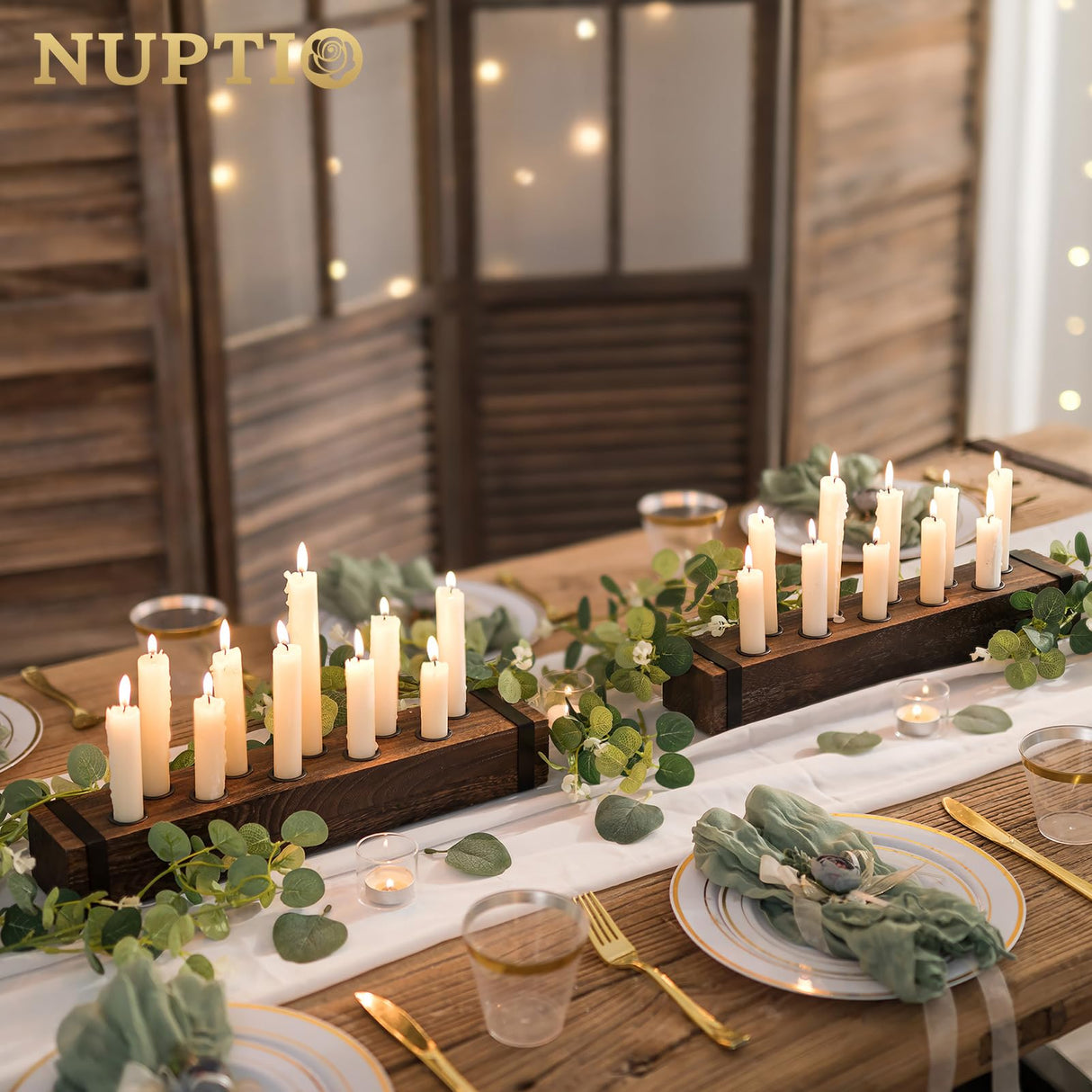 NUPTIO Wood Candelabra for Table Centerpiece: 16.5 inch Long Taper Candle Holder - Farmhouse Candlestick Holder for Christmas Home Dining Living Room Fireplace Decor NUPTIO