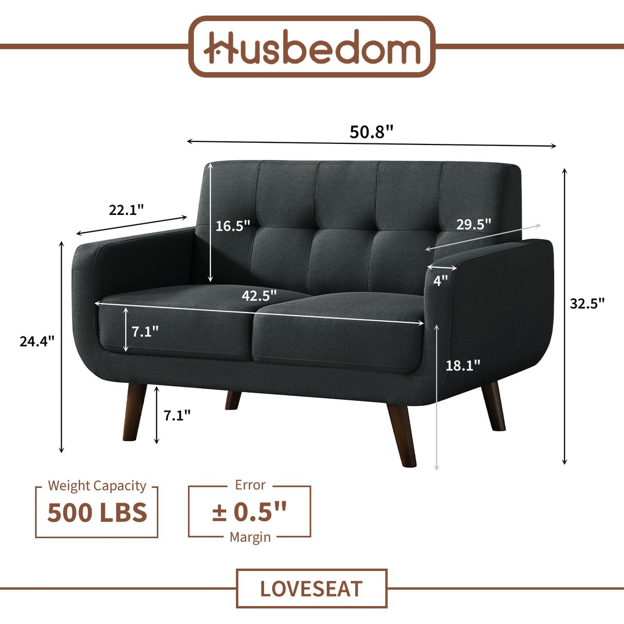 Husbedom 51 Inches Loveseat Sofa, Mid-Century Modern Mini Couch with Tufted Back for Small Living Room, Bedroom,Apartment, Dorm,Track Arms, Wooden Legs, Easy Assembly, Dark Gray Husbedom