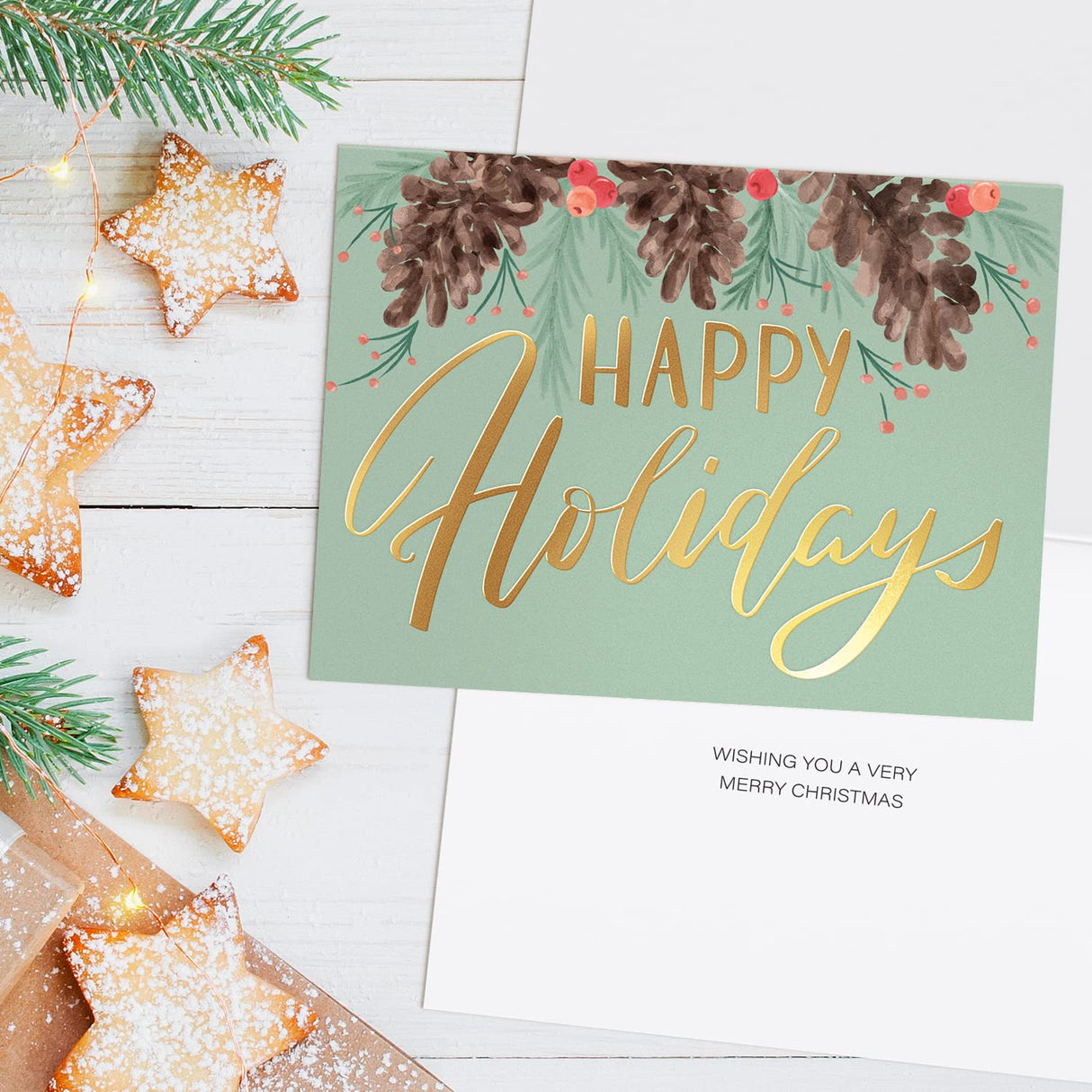 Christmas Cards Set - 24 Gold Foil Holiday Decor Sheets with Red Envelopes – 6 Assorted Designs Boxed for Easy Storage - Bulk Greeting and New Years sheets - 4.25”x5.75” Sweetzer & Orange