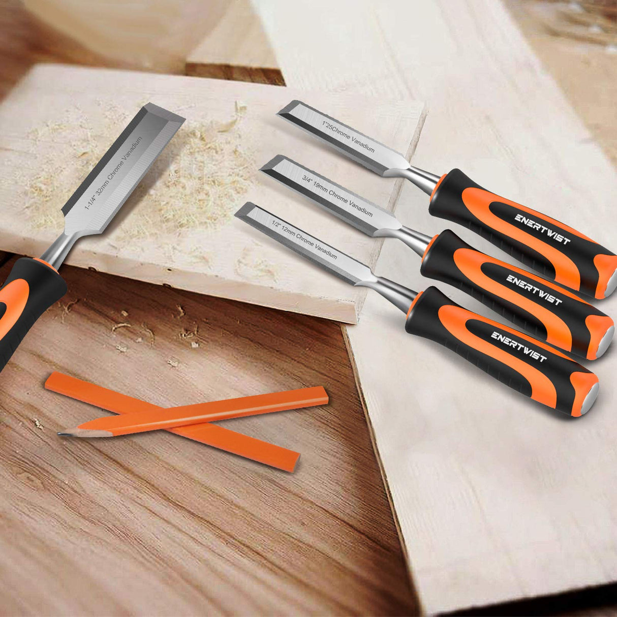 ENERTWIST 13pcs Wood Chisel Set, Premium Woodworking Chisel Sets w/ 8 CRV Construction Wood Chisels, 1 Sharpening Stone, 1 Honing Guide, 2 Carpenter Pencils, 1 Sharpener for Wood Carving in Hard Case ENERTWIST