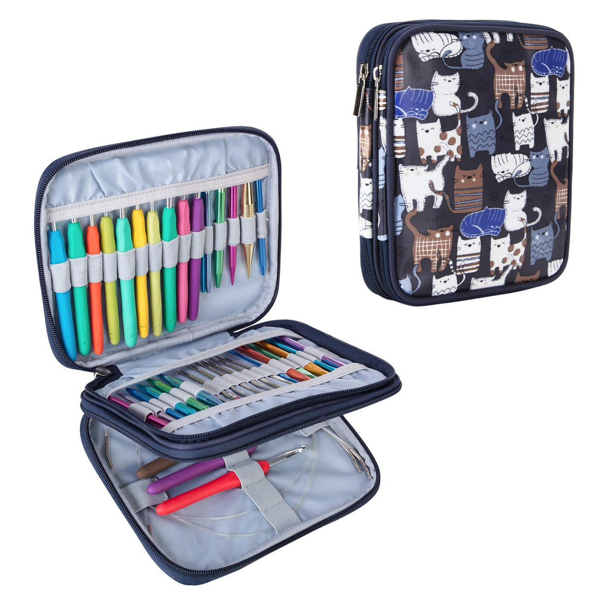 Teamoy Organizer Case for Interchangeable Circular Knitting Needles, Crochet hooks and Knitting Accessories, Keep All in Place and Easy to Carry, Cats Blue (No Accessories Included) Teamoy