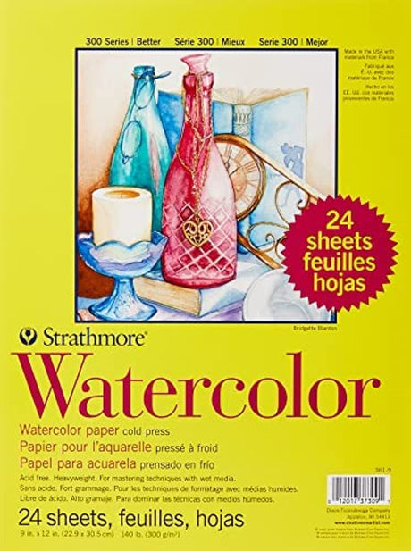 Strathmore 300 Series Watercolor Paper Pad, 9x12 inches, 24 Sheets (140lb/300g) - Artist Paper for Adults and Students - Watercolors, Mixed Media, Markers and Art Journaling Strathmore