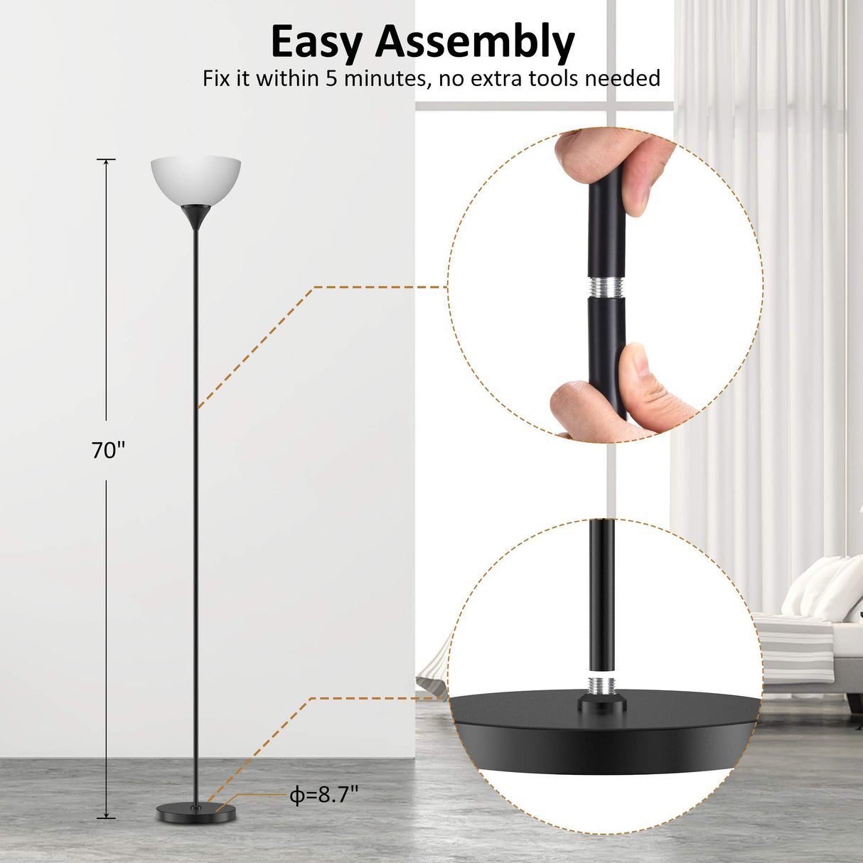 PESRAE Floor Lamp, Remote Control with Stpeless Color Temperatures and Brightness, Torchiere lamp for Bedroom, Living Room, Bulb Included (Matte Black) PESRAE