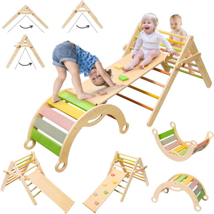 deli Pikler Triangle Set 7 in 1, Wooden Montessori Climbing Set with Arch & Ramp & Ladder, Foldable Baby Climber Indoor Playground Jungle Gyms for Toddlers