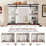 CHARMAID Farmhouse Vanity Table with Barn-Style Sliding Lighted Mirror, 45 in Makeup Vanity Desk with Charging Station, 9 Shelves, 6 Drawers & Cabinet, 3 Lighting Modes, Dressing Table for Bedroom CHARMAID