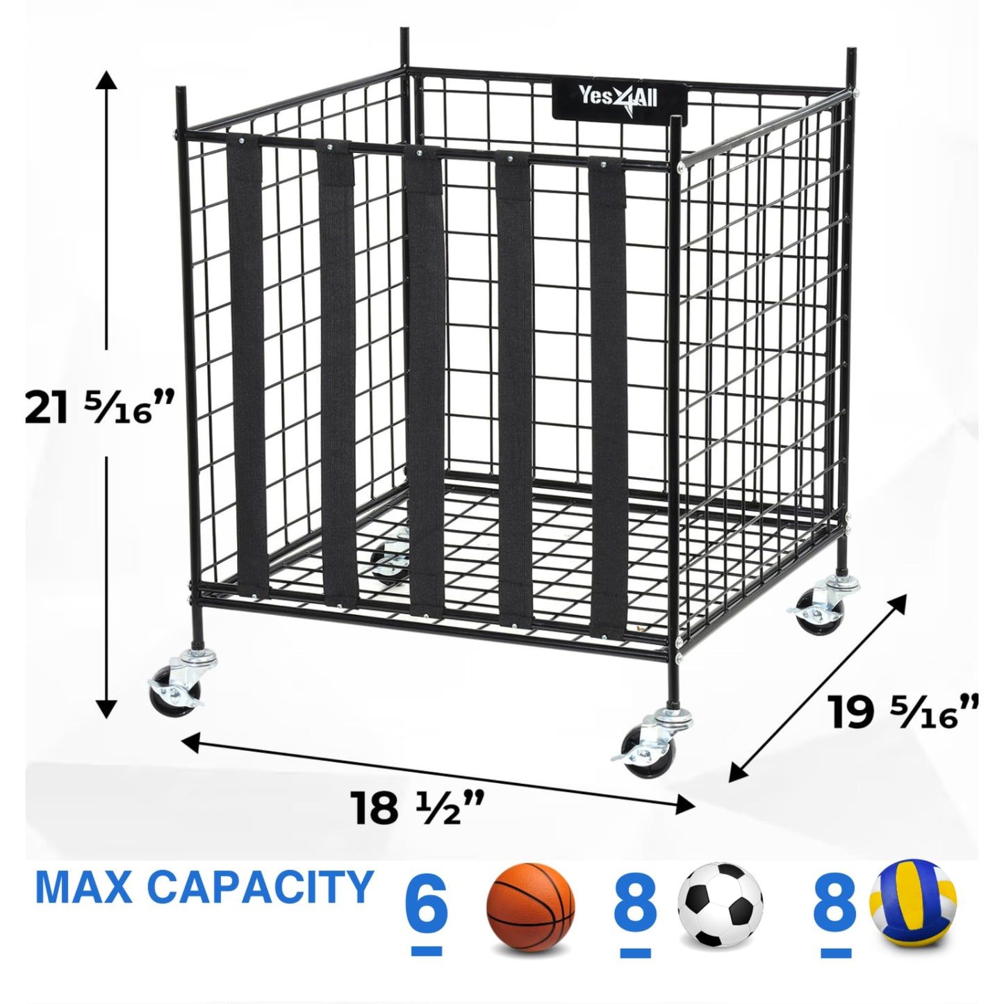 YES4ALL Rolling Ball Cart Storage with Lockable Wheels Volleyball Basketball Holder, Toy Balls Bin, Garage Cage, Storage Racks, Sports Equipment Organizer, Ball Rack for Outdoor Indoor Use