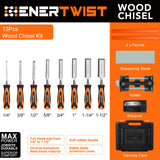 ENERTWIST 13pcs Wood Chisel Set, Premium Woodworking Chisel Sets w/ 8 CRV Construction Wood Chisels, 1 Sharpening Stone, 1 Honing Guide, 2 Carpenter Pencils, 1 Sharpener for Wood Carving in Hard Case ENERTWIST