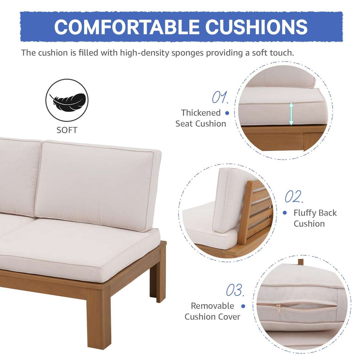 SUNSITT 6 Piece Acacia Wood Patio Furniture Outdoor Sectional Sofa Set with Adjustable Armrest, FSC Certified L-shaped Patio Set w/2-in-1 Coffee Table, Cream White Cushions for Garden SUNSITT