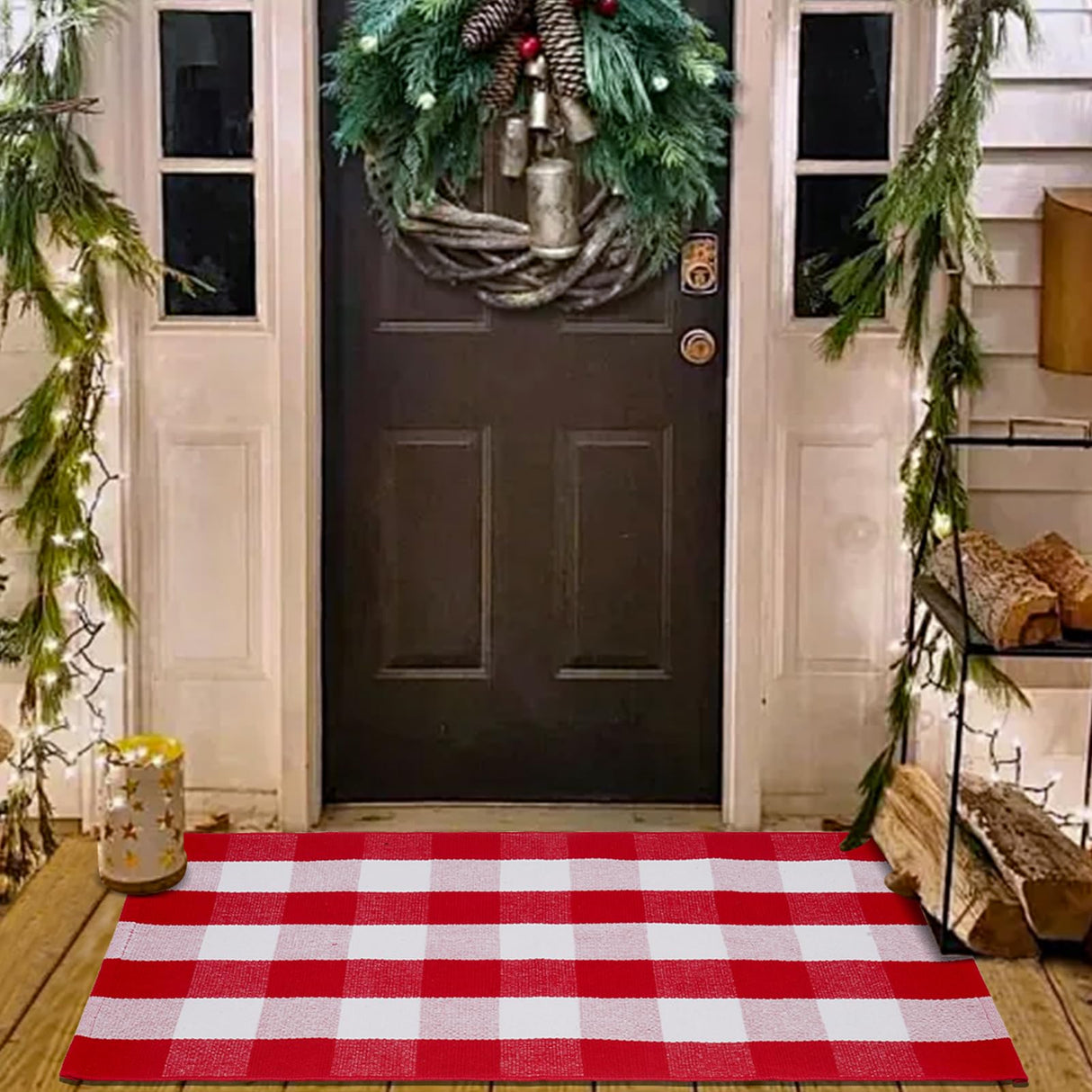 Christmas Red and White Plaid Rug 27.5 x 43 Inches, Hand-Woven Indoor/Outdoor Layered Cotton Blend Buffalo Plaid Rug, Washable Front Door Mat, Perfect for Porch, Living Room, Entryway PIXFAIRY