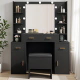 DWVO Vanity Desk with Large Mirror and LED Lights, Makeup Vanity Table Set with Power Outlets, Comfy Stool & Storage Drawers, Shelves and Cabinets, 3 Lighting Modes Makeup Table, Dressing Room, Black DWVO