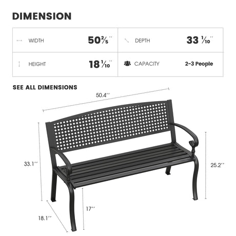 VOXBIN Outdoor Bench, 50 inches Metal Garden Bench, Cast Iron Steel Frame Patio Chairs w/Twist Circle Pattern Backrest for Park, Yard, Porch, Lawn, Balcony, Backyard, Black VOXBIN