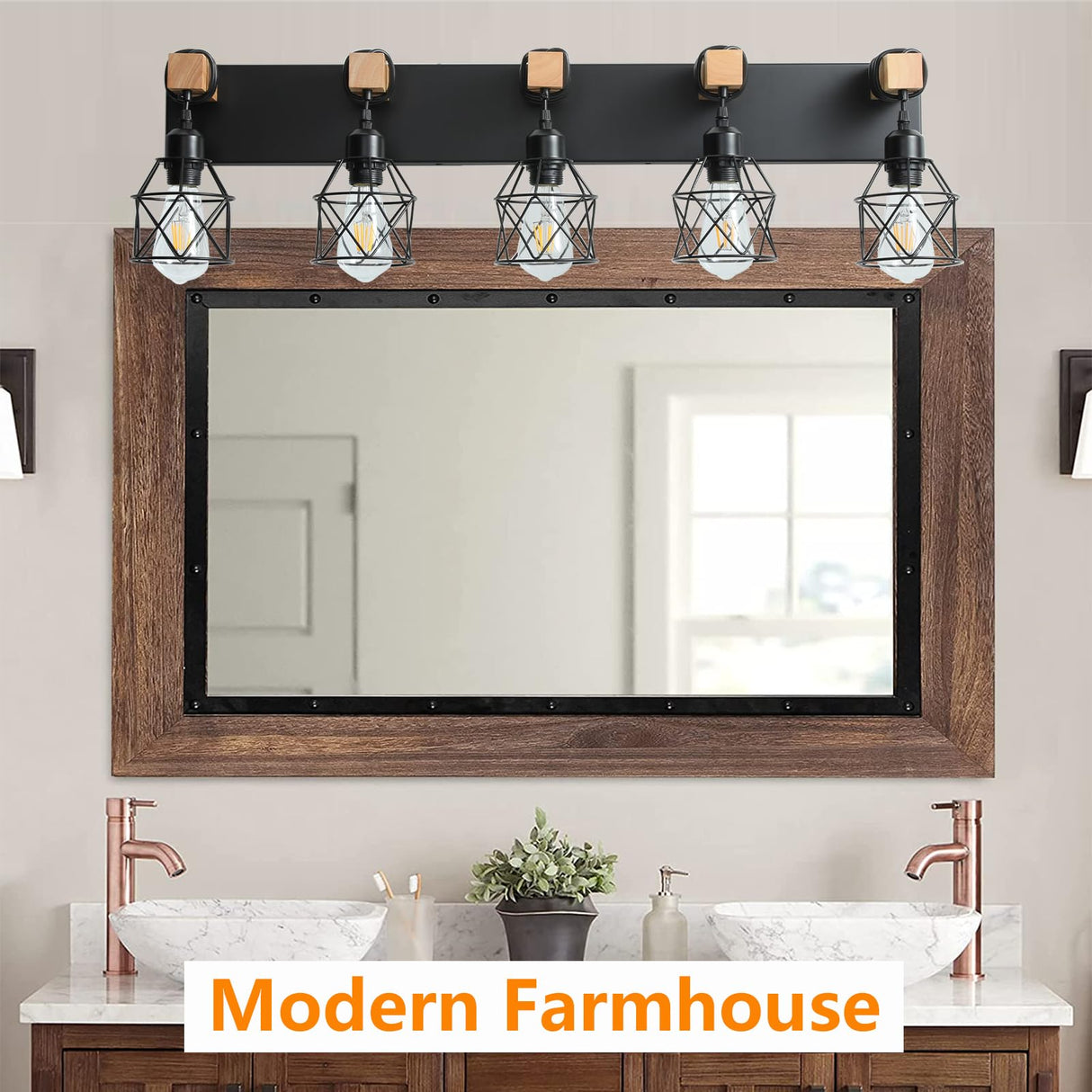Farmhouse Vanity Light Fixture,5-Light Bathroom Lighting,Black Industrial Wood Wall Light Over Mirror with Metal Shade,LED Bulbs Included vivihobb