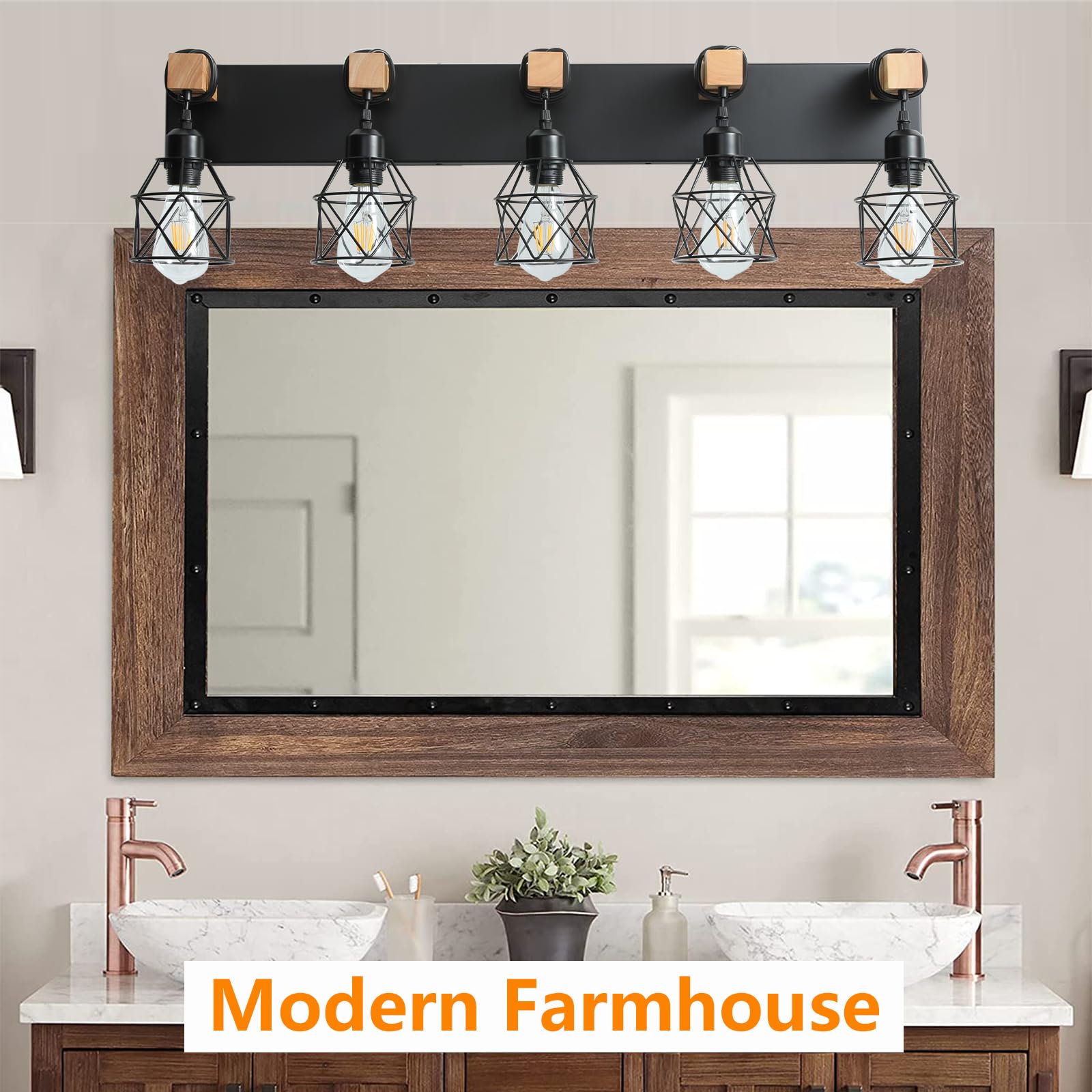 Farmhouse Vanity Light Fixture,5-Light Bathroom Lighting,Black Industrial Wood Wall Light Over Mirror with Metal Shade,LED Bulbs Included - WoodArtSupply