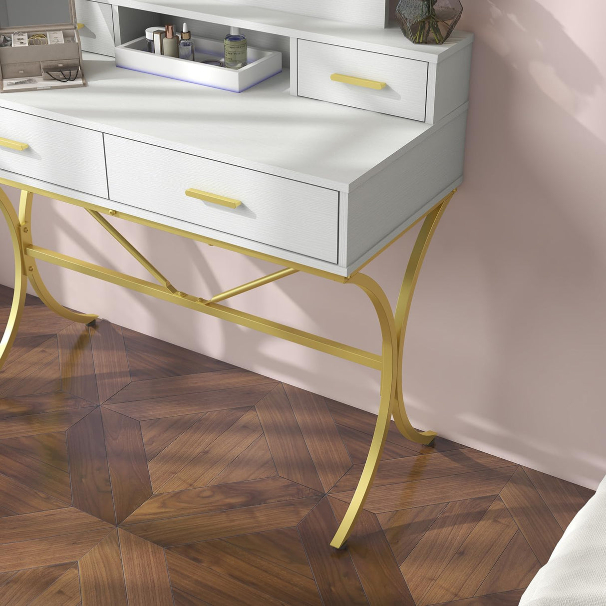 Vanity Table with Lighted Mirror, Modern Makeup Vanity Table with 10 Lights Makeup Desk 4 Drawer Storage Dressing Table for Bedroom (White) Panana